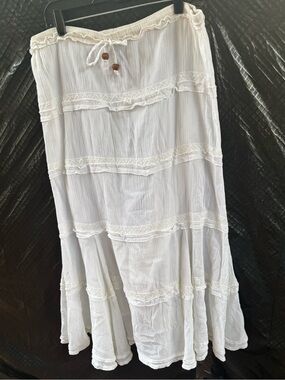 Bohemian White Tiered Maxi Skirt with Lace Trim 100% cotton